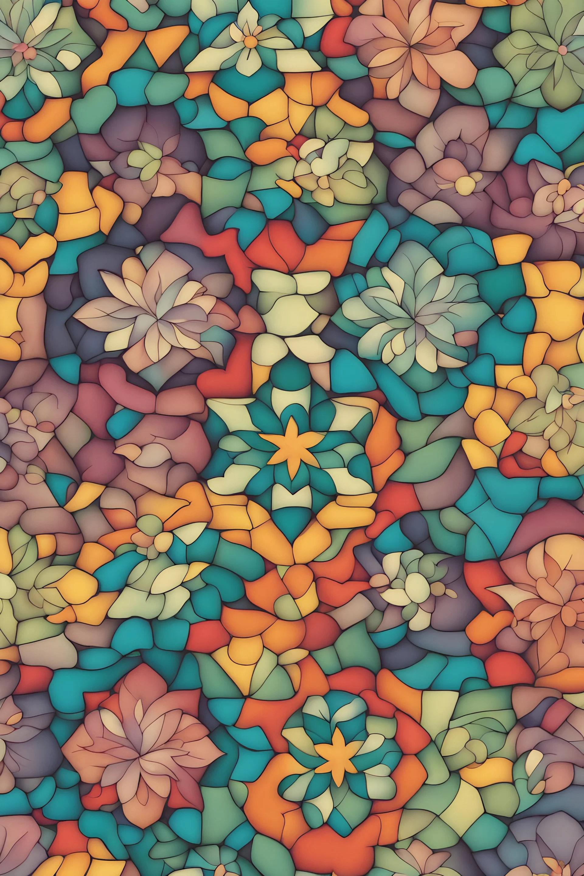 penrose pattern that covers the full plane in bright colours and with some small delicate flowers built in.