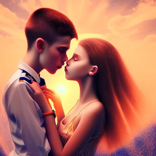 Boy and girl teens, kissing, sun, romantic, happiness