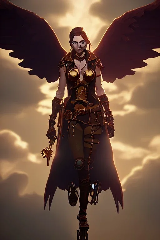 steampunk angel, pale, clouds, golden glow, majestic, heroic