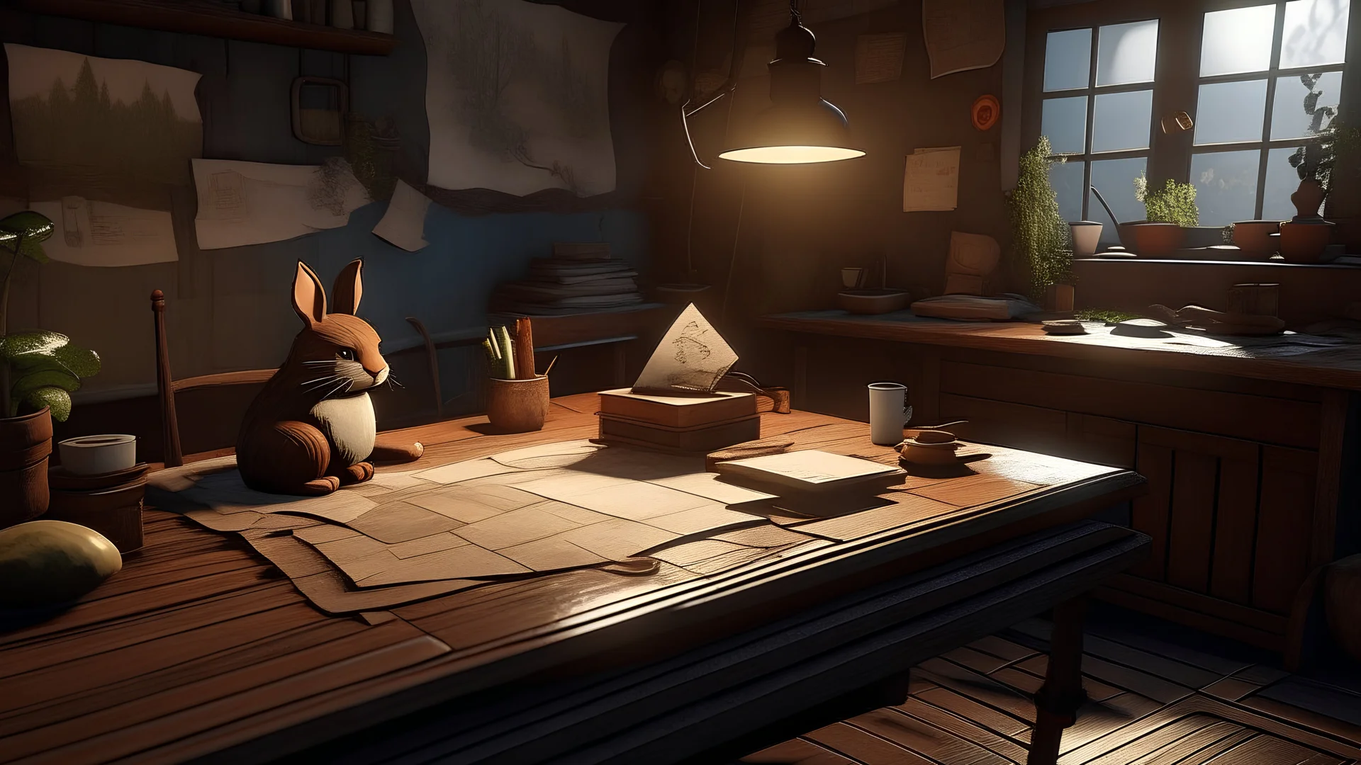 /imagine prompt: 3d animation, personality: [Illustrate a dimly lit and cosy hideout with Maple, a brown and white spy rabbit, sitting at a wooden table examining a map. The room is scattered with various gadgets and spy equipment, creating an atmosphere of secrecy and adventure.] unreal engine, hyper real --q 2 --v 5.2 --ar 16:9