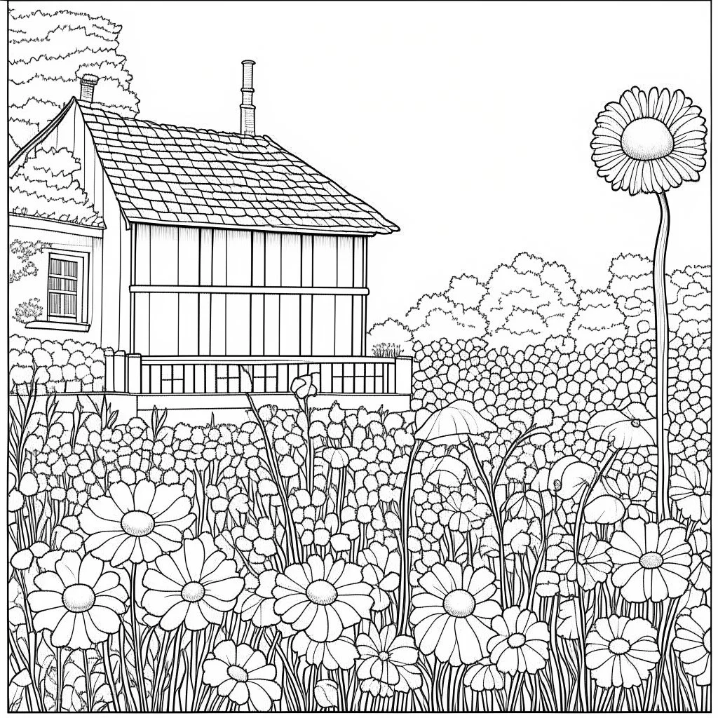 GARDEN HOUSE, "Floral Symphony: Create a masterpiece with the harmonious blend of garden blooms, side view, realistic, coloring page, only draw lines, coloring book, clean line art, wildlife-inspired, kid style, –no sketch, color, –ar 3:4, white background, minimalistic black lines, 8k, minimal black color, low level black colors, coloring page, use pure black and white colors, avoid thick black colors, thin black line art, avoid colors, perfect shape, perfect clear lines, clear edges,