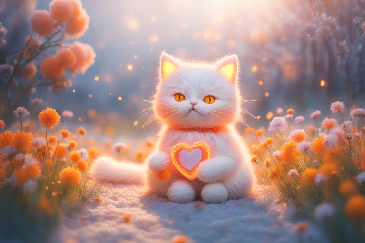 Sign: "You are a blessing"! composition, Against a light cracked holographic marble background, a cute chibi plushy fluffy knitted and embroidered cat on a flowerfield, love and heart, mist and fog in sunshine, drawn in orange glowing neon lines. The cracks in the background are golden. Ethereal, cinematic postprocessing.