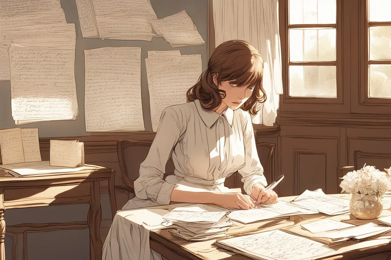 A pretty brown-haired woman sits in front of a table covered with handwritten letters, looking at them perplexedly, in an elegant room in the sunlight.