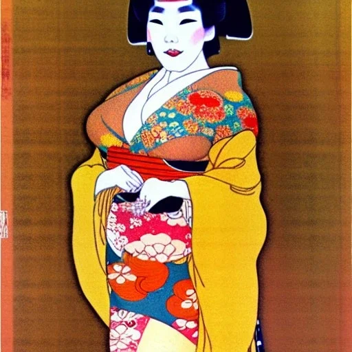 Retrato de cuerpo entero una Geisha Bella voluptuosa con kimono con el estilo de Gustav Klimt