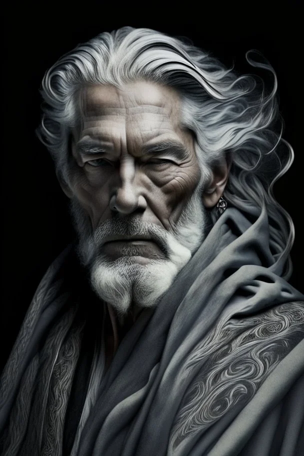 a photo of an White man with ethnic jewelry, grey hair and grey flowing robe, in style of Annie Leibovitz, contemporary portrait of a mature yet beautiful and modernist man, black and grey, detailed masculine face, swirling fluid smokey enigma, award-winning artwork