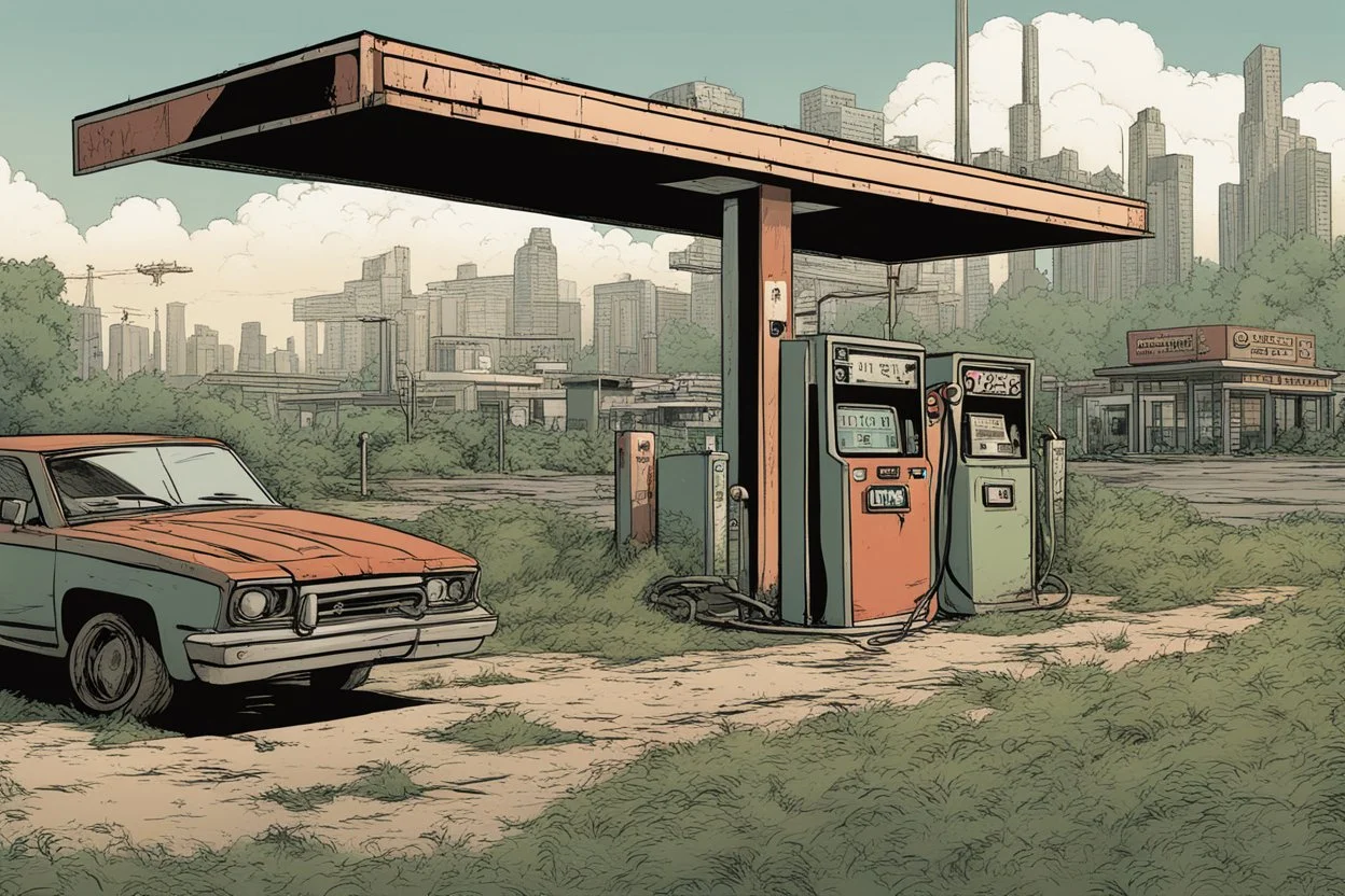 Gas station, overgrown apocalyptic city background,comic book,