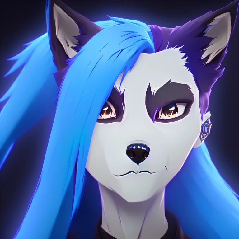 wolf furry digital art blue hair only face anime style