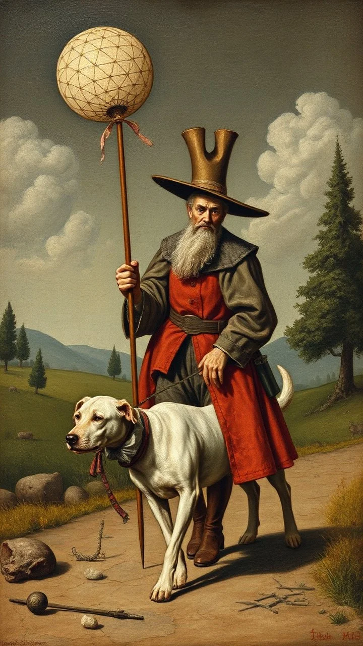 Hieronymus Bosch style Don Quixote walking his dog