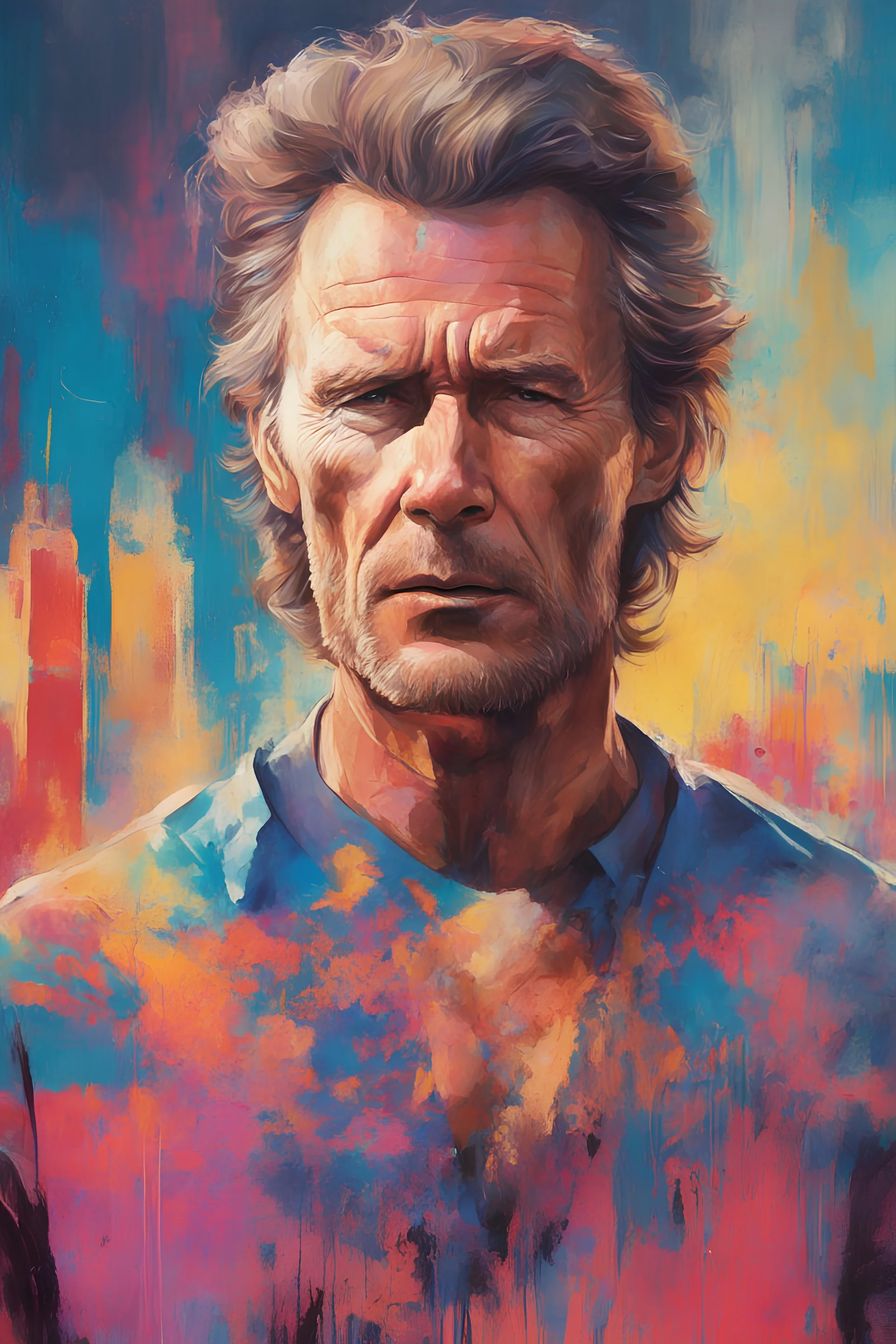 t shirt on Clint Eastwood Stocholm city oil paiting by artgerm display style style dream, symptom, image artgerm display style punk anarchists Gustav Klimt style artgerm display in the Miami Vice the 2024th century