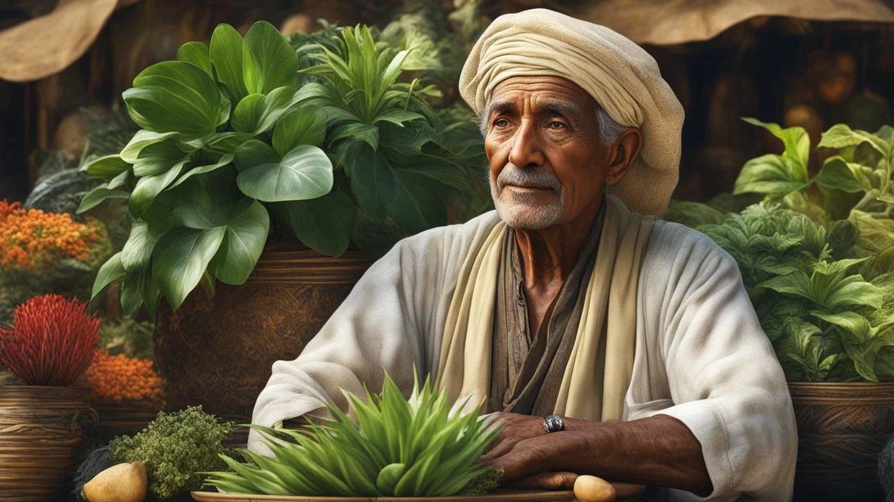 elderly male market trader selling all kinds of exotic plants, showing his head and upper body, perfect eyes, perfect anatomy, exquisite composition, beautiful detailed intricate detailed octane render, 8k artistic photography, photorealistic, soft natural volumetric cinematic perfect light, chiaroscuro, award-winning photograph, masterpiece, raphael, caravaggio, bouguereau