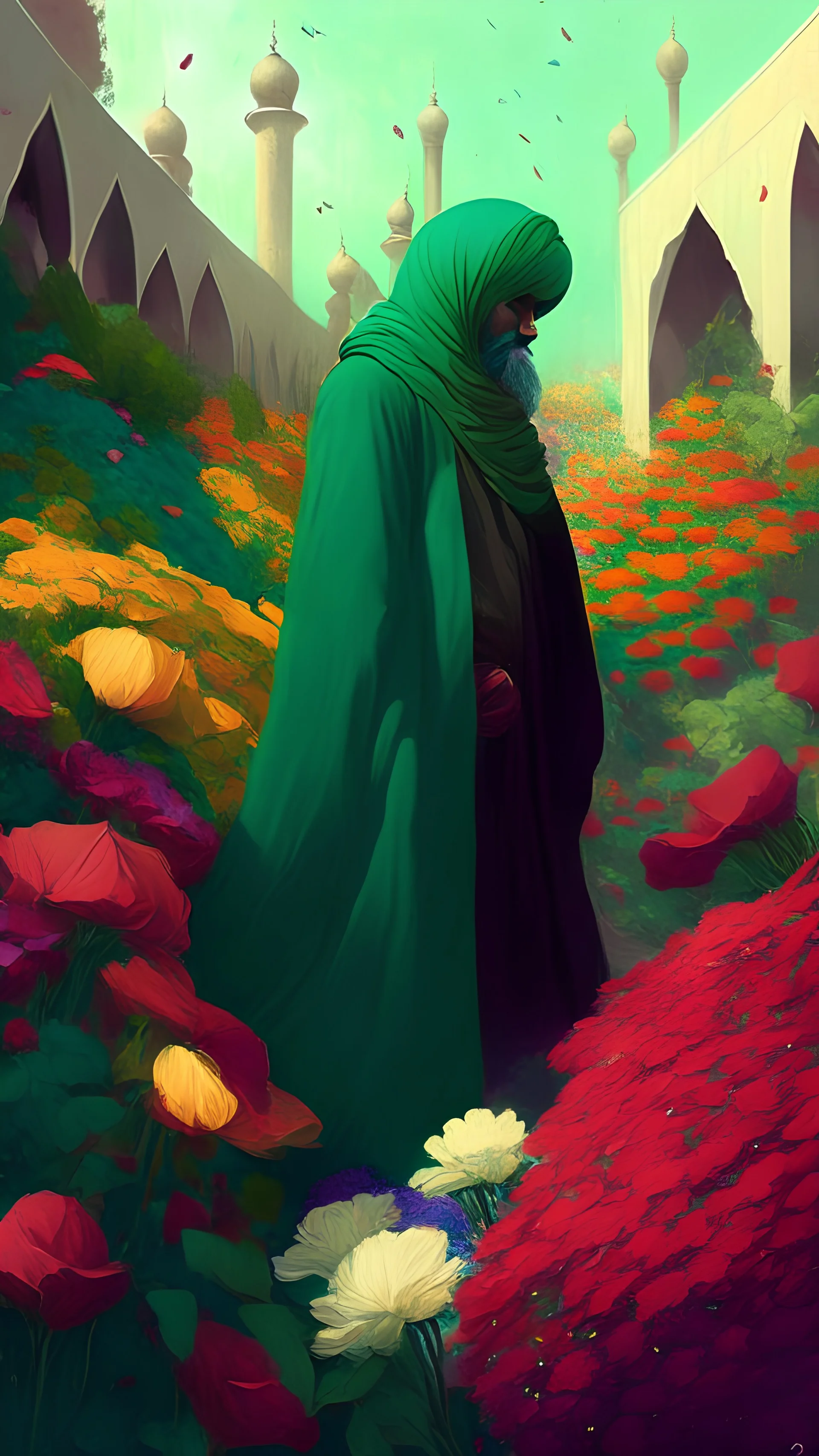 A place filled with colorful flowers, in which a imam with a turban and a green cloak stands