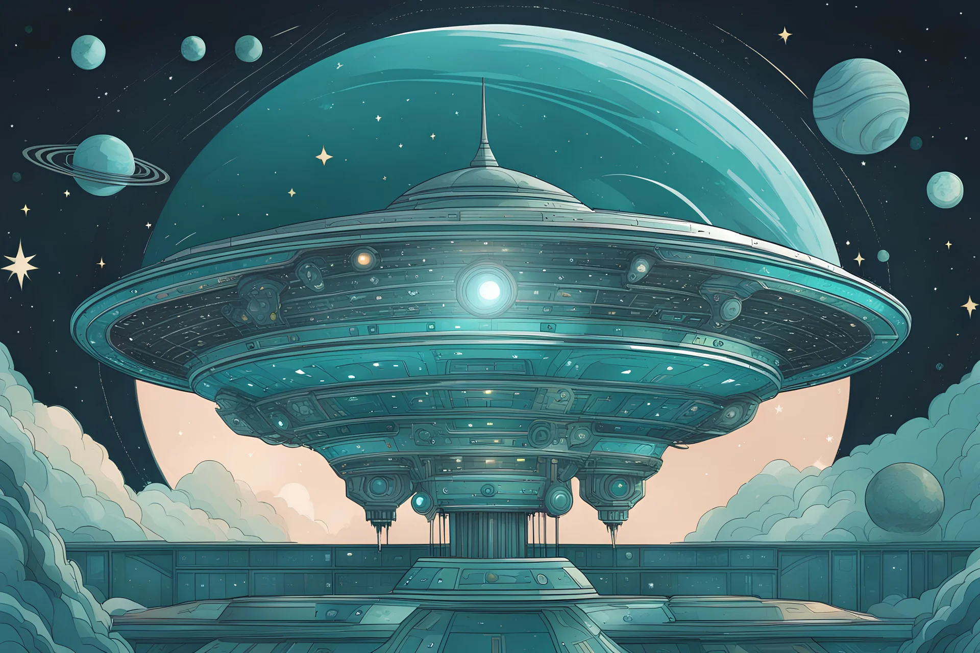 teal and aquamarine intricate spaceship design flying around with planets and stars in an illustrated anime style