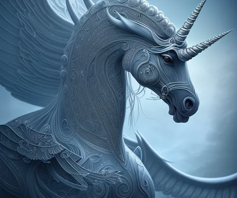 unicorn, surreal fantasy art, highly detailed, intricate patterns on wings, soft studio lighting, smooth dark blue background 64k