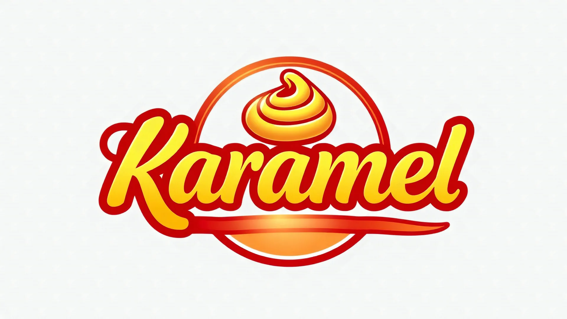 A round logo named (karamel) designed for a confectionary with a red gold color theme on a white background and the use of a chocolate toffee cream candy symbol.