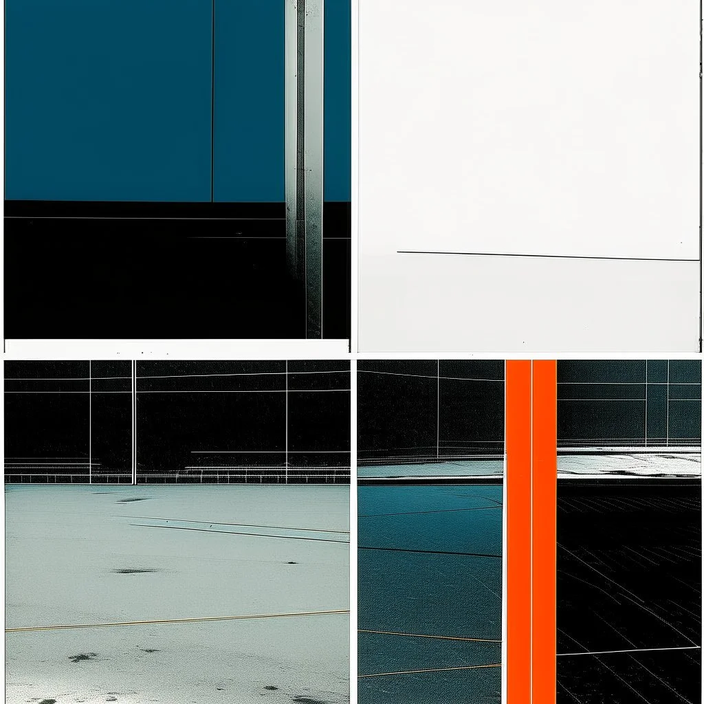 Minimal contemporary abstract oil paintings of desolate 1960s carpark with road markings and concrete fragments. Overlay with grungy typography graphics. style of Justin Mortimer and Francis Bacon.