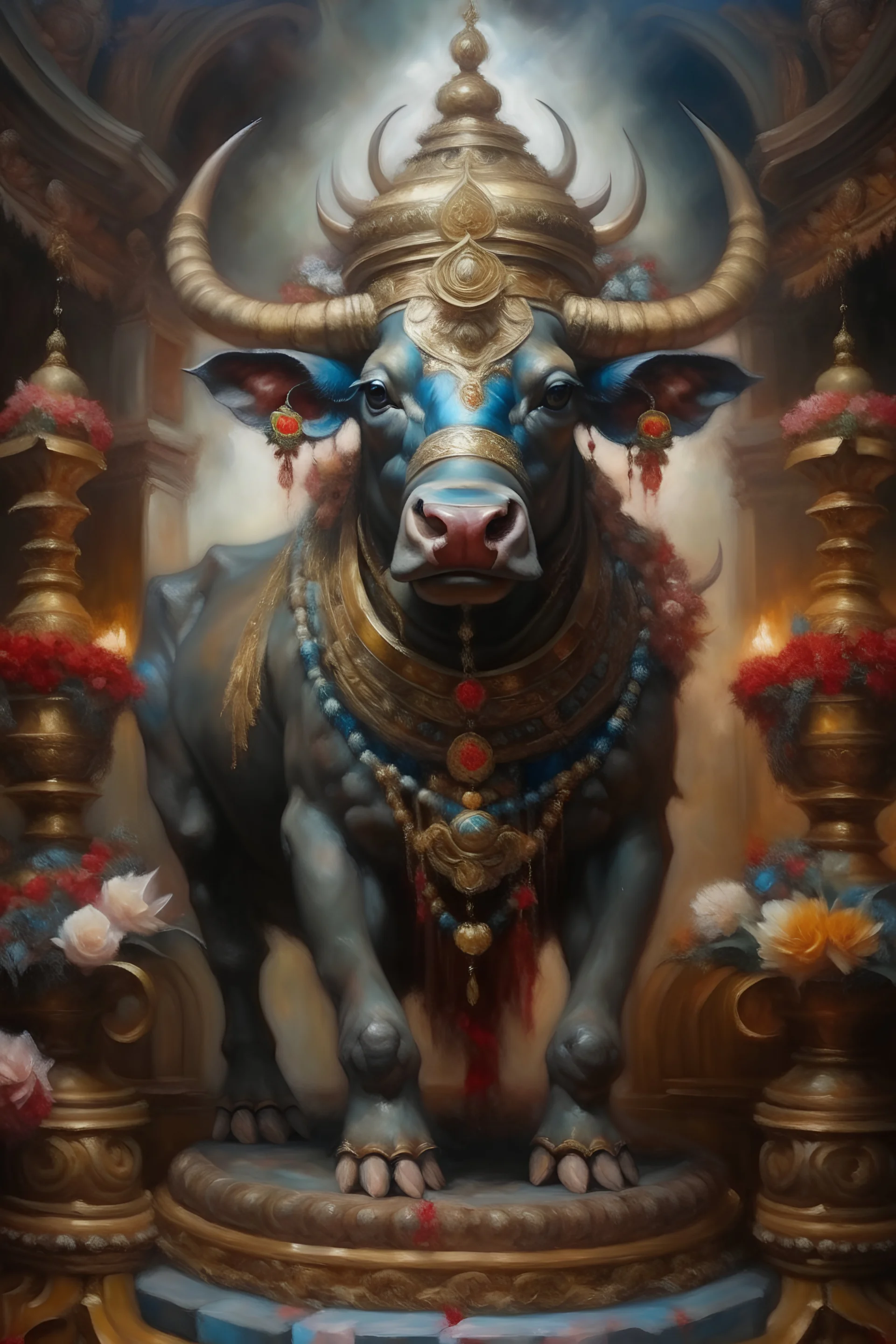 bull god, beautifully adorned, temple, oil painting