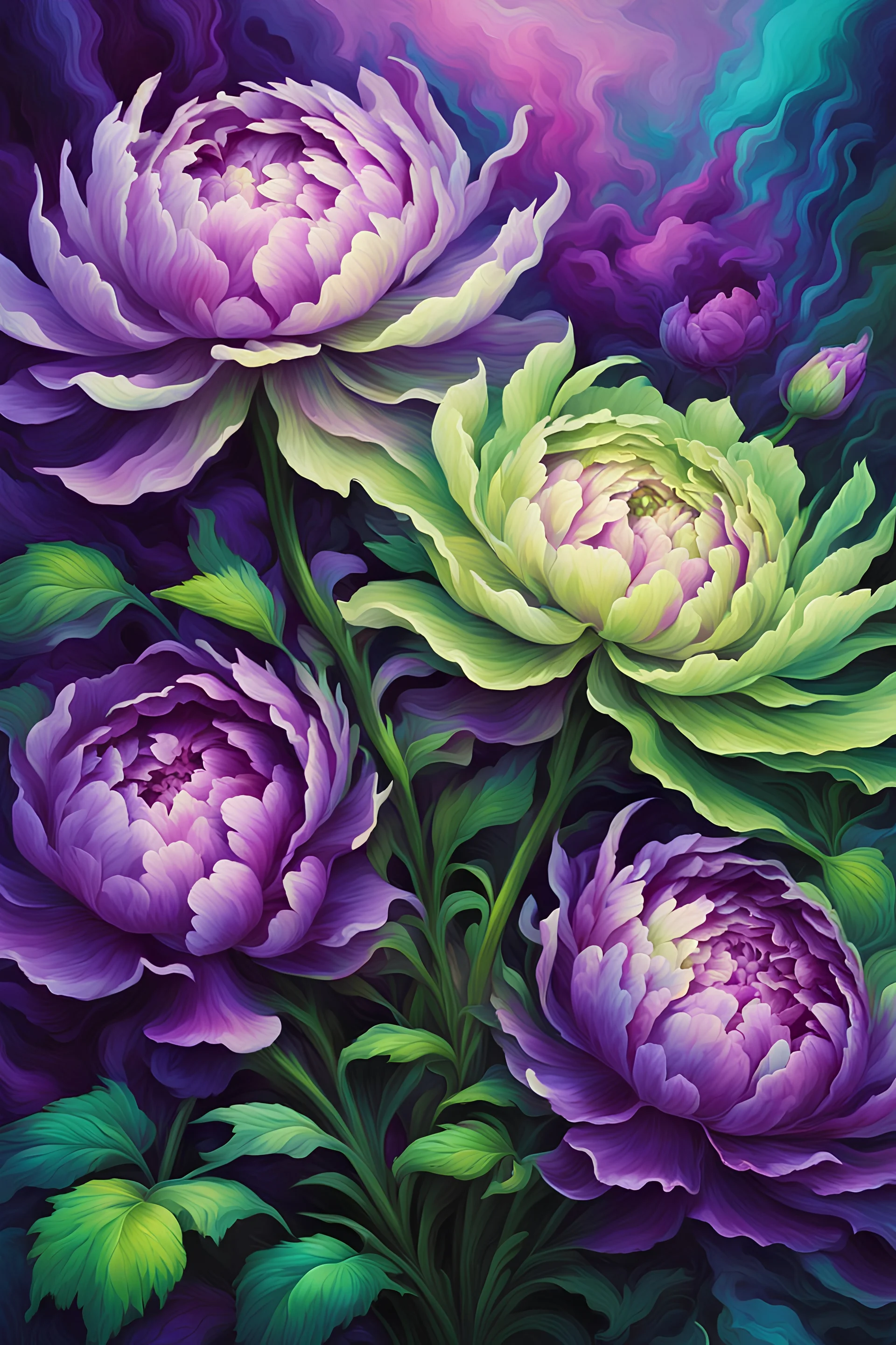 vibrant psychedelic oil painting image, airbrush, 64k, cartoon art image of background purple and green peony flowers , dystopian