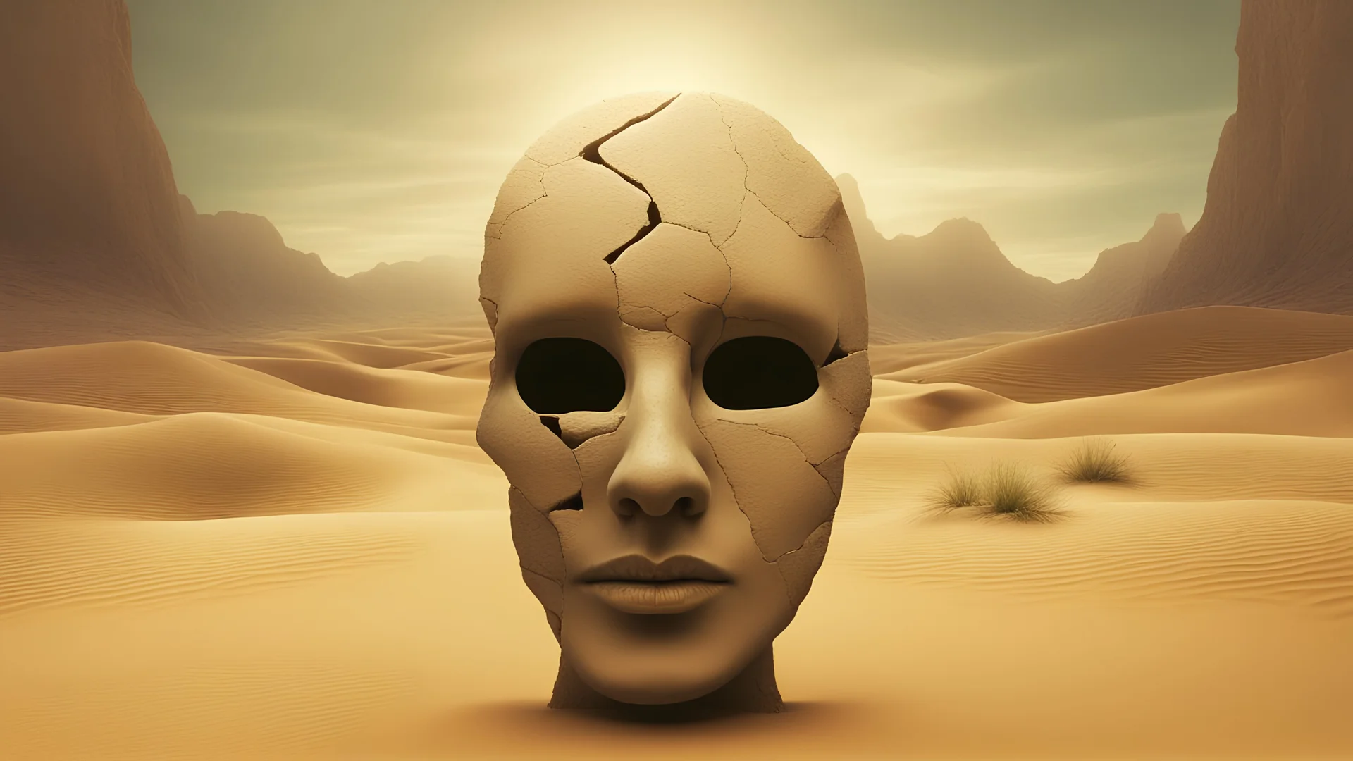 Skin bones stone face, desert environment, forest can be seen through a hole in the side of the face. Surrealism