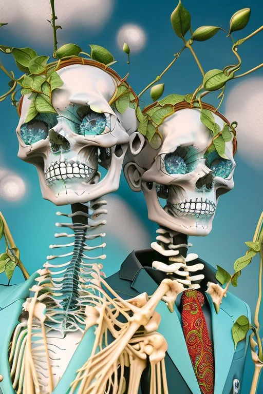 Surreal Couple Made Of Metal Skeletons With Flowering Vines Growing connecting the bones and wearing Blue Gray Green Striped Business Suits With Paisley Shirts And Ties; Surreal, Intricately Detailed, Beautiful, Colorful, award-winning, high definition, ultra-detailed