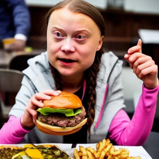 Greta Thunberg eating human meat burgers oozing with grease.full body, fantasy setting, real photo, soft lighting