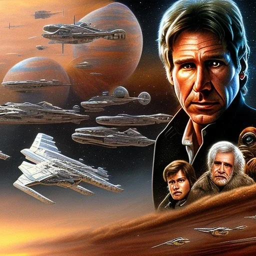 8k hyperspace background,complete and photo realistic detailed head to waist stunning, extrem photo realistic portrait of harrison ford as han solo in star wars with short lenght, Symmetrical, soft, fine, warm, photo realistic hair, brown eyes, professional majestic photo realistic painting by Ed Blinkey, Atey Ghailan, by Jeremy Mann, Greg Manchess, Antonio Moro, trending on ArtStation, Intricate, High Detail, Sharp focus,dramatic, by greg rutkowski,rough skin,space outfit