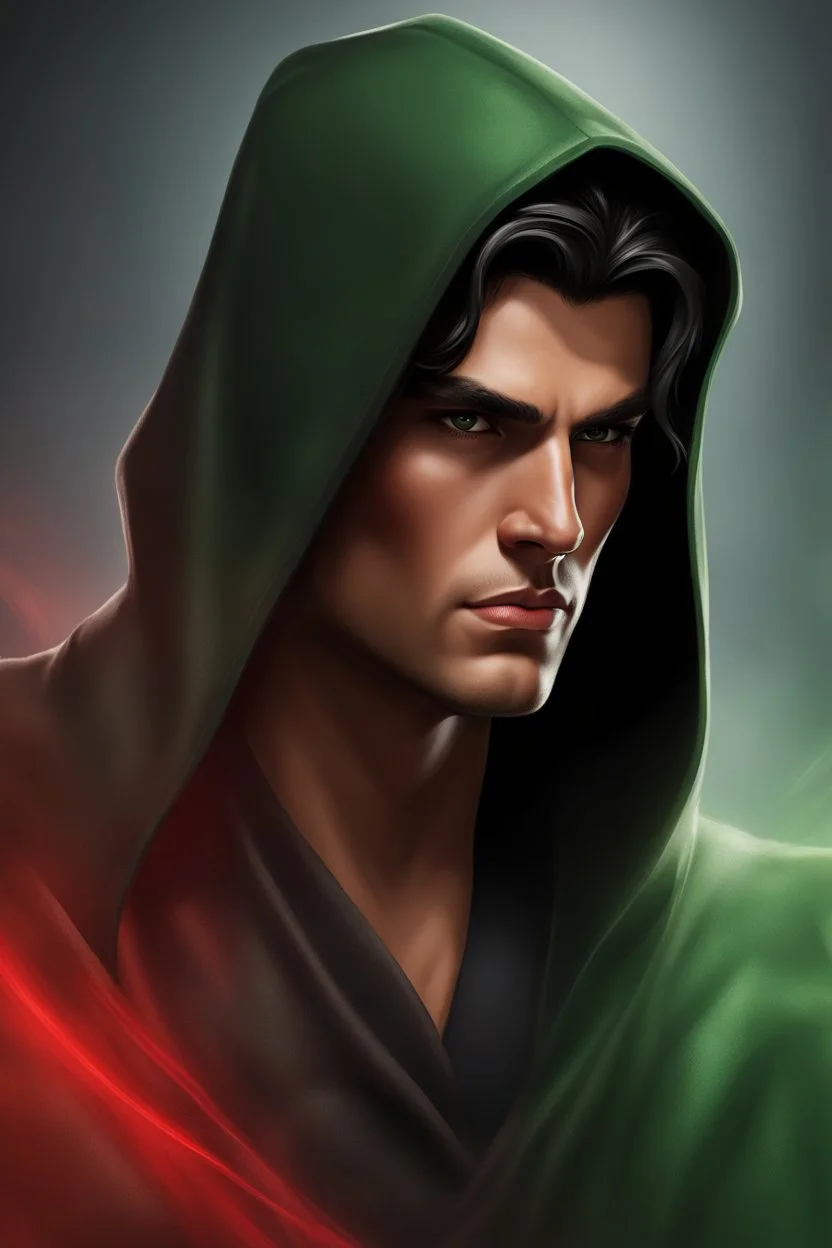 Full Muscluar Body, Male Tan Human, Sith, Red Blindfold, Green and Black Robes, Handsome face, Black hair.