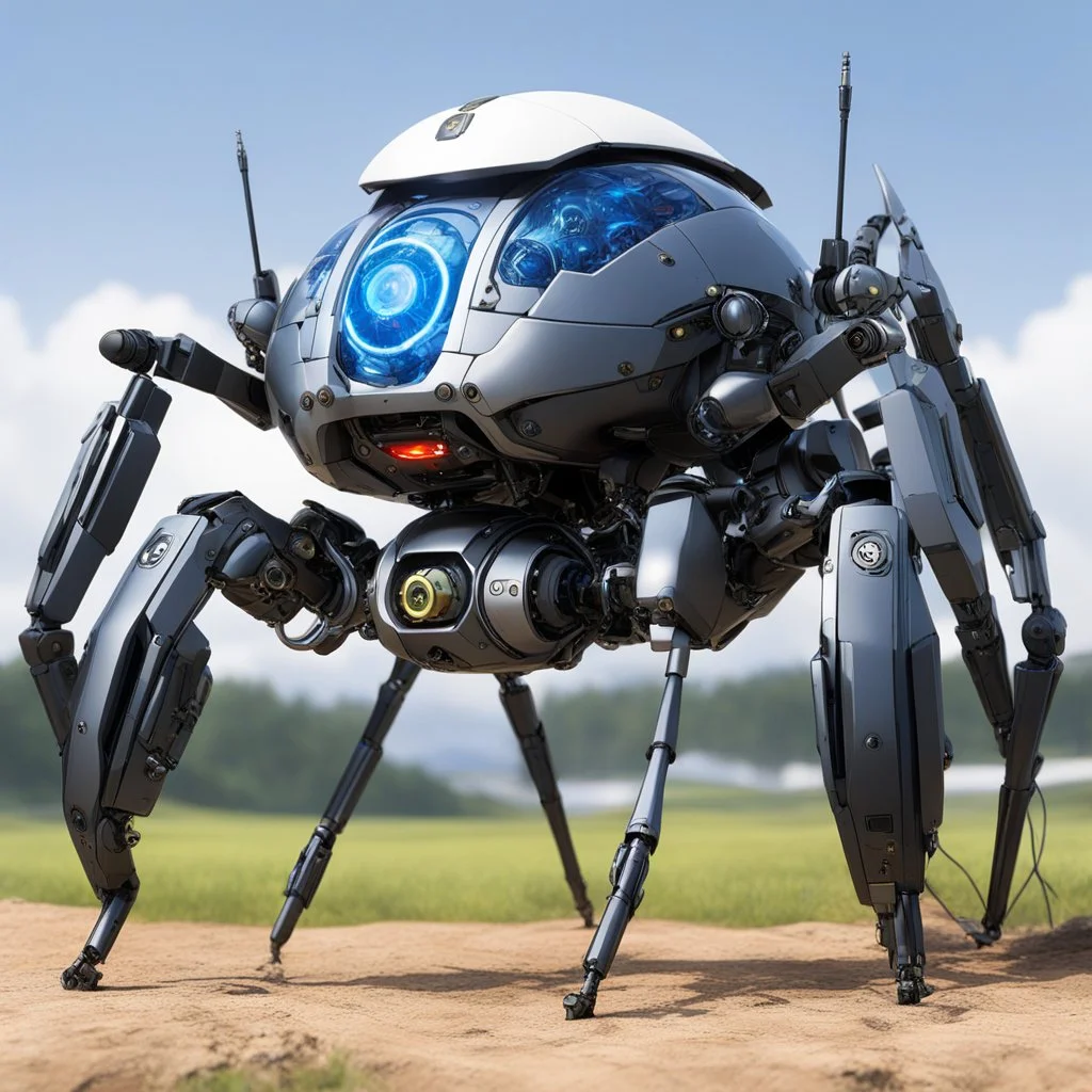 view in operation of the Utility Spider Cyborg System from Masamune Shirow Inc. Ranging from the size of an appleseed to a golf ball , A multi-legged, small self-propelled mechanical utility droid, equipped with the famous Shirow Bioroids' AI brain. Its function is to assist with small tasks: repair and maintenance, surveillance and alert of any potential threats, also is equipped with seburo J9 9mm with HV Shells and poseidon norinco inc muultipurpose guns