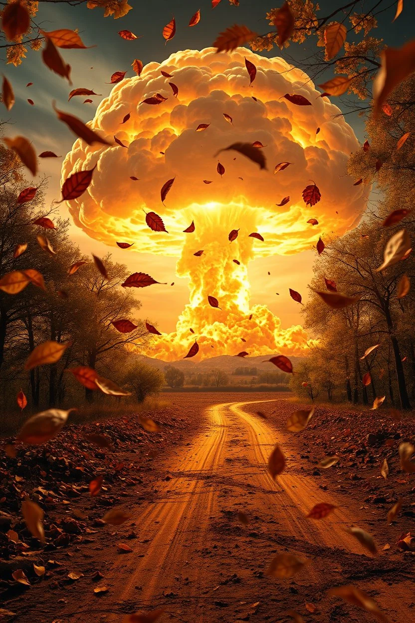 foreground with many falling leaves, behind is a nuclear explosion's mushroom cloud that looks more like a tree in fall, with explosion radiating outward, many leaves falling in foreground, ground is dirt and scorched with a road coming down the middle towards viewer, angelic fantastic lighting