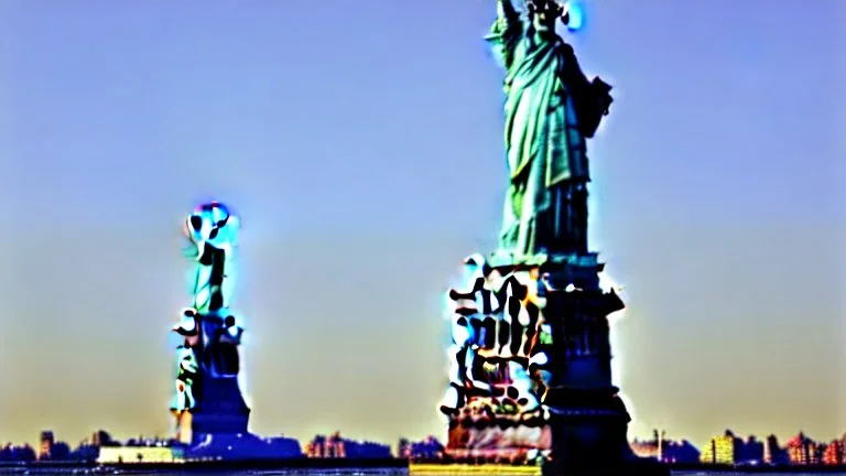 A Tesla's 'Model S Plaid' is parked, under the Statue of Liberty, in New York city. CINEMATIC. WIDE ANGLE LENS.