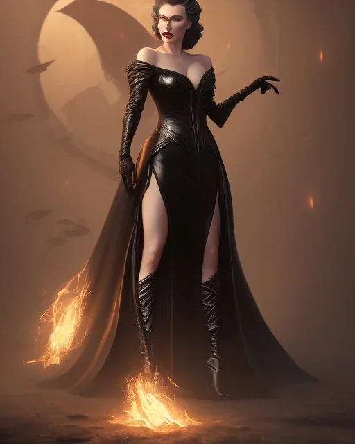 old evil queen in black leather gown, femme fatale, volouptous, busty, cleavage, angry, emperious, 8k resolution concept art portrait by Greg Rutkowski,