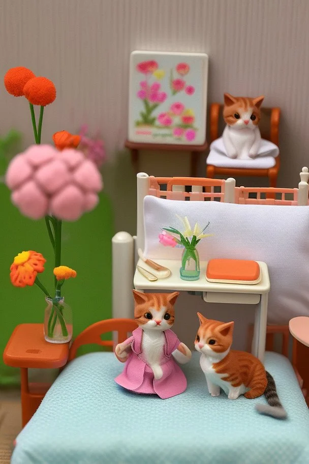 Sylvanian family cat and kitten hospital, hospital furniture, charts on beds, flowers in a vase on a table next to a bed