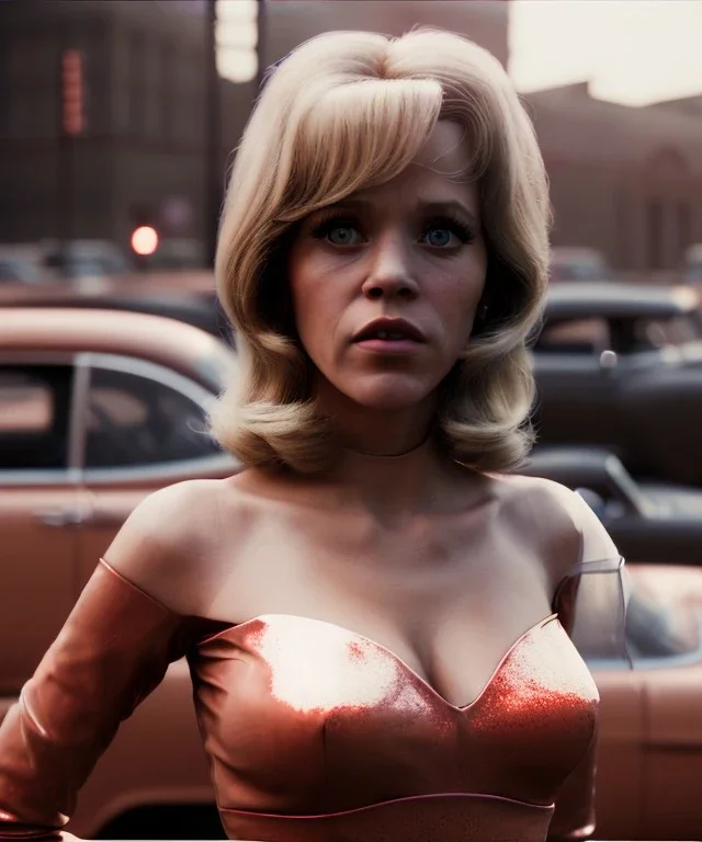 Ultra Realistic retro sci-fi movie Supermarket parking scene, 1960 year, waist up view portrait, 2 clones blonde women, sweet teenager Jane Fonda face, perfect iris, glow eyes, face makeup, tight latex coat, Scare people background, Retro sci-fi style, soft color, highly detailed, unreal engine 5, ray tracing, RTX, lumen lighting, ultra detail, volumetric lighting, 3d, finely drawn, high definition, high resolution.