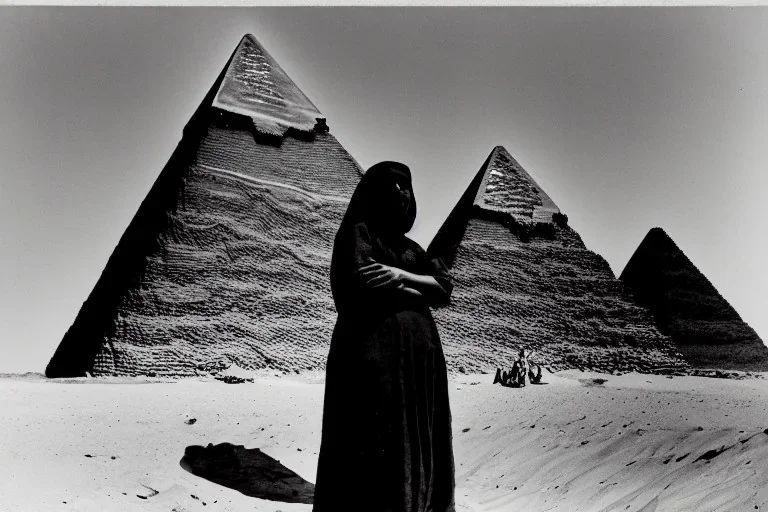 A 1922 woman looking at a black five-sided pyramid in the desert