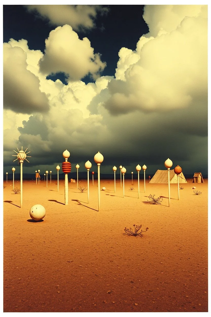 Strange spindle-shaped objects of various shapes, scattered over an arid wasteland, clouds, night, odd structures, Max Ernst, Audubon, Amano, Walton Ford, Yves Tanguy, polaroid, 8k, 3d, 33mm photography, well defined