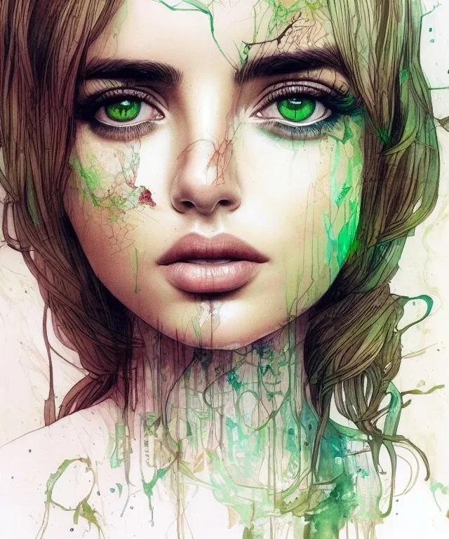 a beautiful samdoesarts face portrait of young and cute ana de armas, fine pencil and watercolors, detailed green-brown eyes, intricate, by carne griffiths and victo ngai