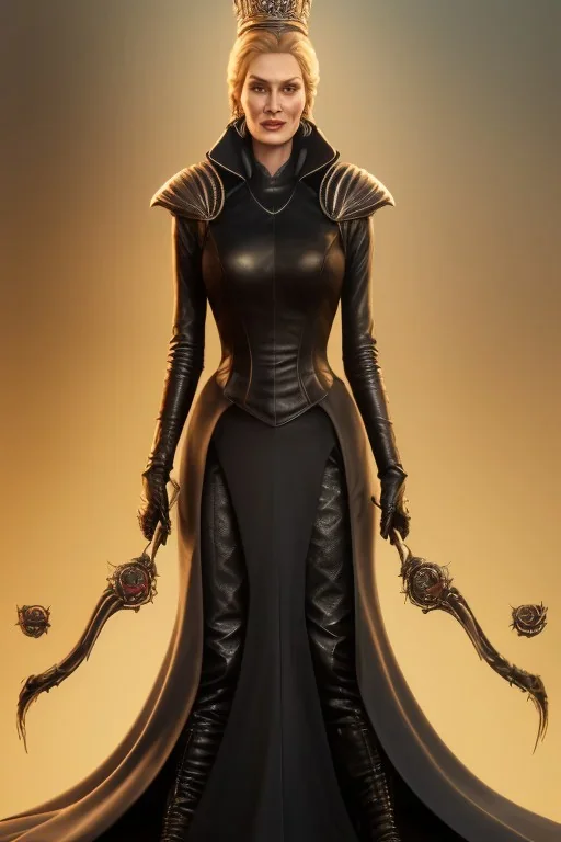 Cersei Lannister as evil queen in black leather, busty, cleavage, curvy, lena headay, angry, stern look. character design by cory loftis, fenghua zhong, ryohei hase, ismail inceoglu and ruan jia. unreal engine 5, artistic lighting, highly detailed, photorealistic, fantasy