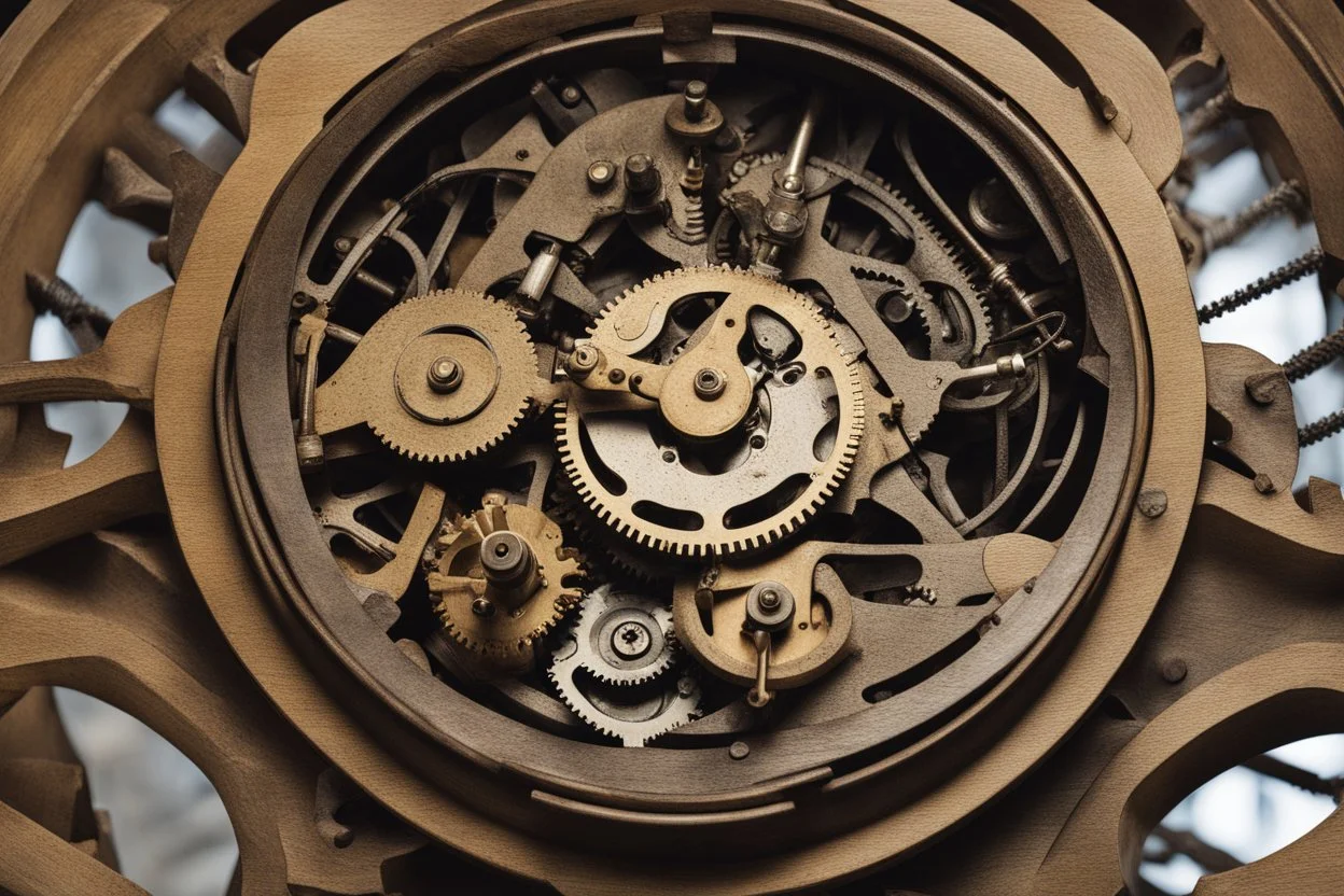 Looking down into a complicated large, old-fashioned clock mechanism with hands