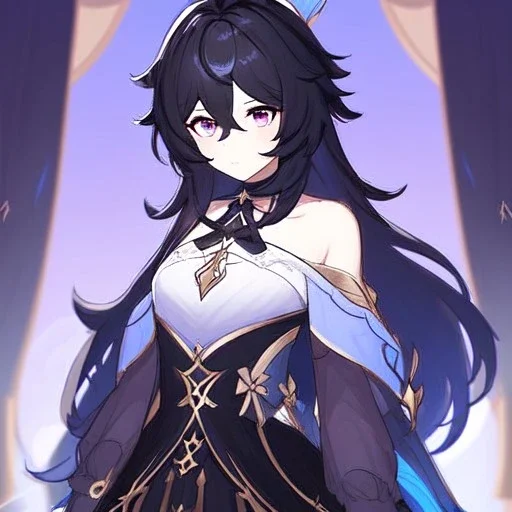 Clear focus, High resolution, rough line sketch art, long black hair, hair between eyes, fluffy hair, purple eyes, wearing a off shoulder shirt, no spaghetti strapes, dark aura, 1girl, wearing a skirt, genshin impact, genshin impact style outfit, (detailed outfit), (Lots of ribbons and flowers on outfit)