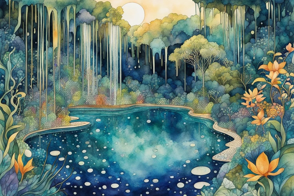 random watercolor Zentangle patterns in the styles of Gustav Klimt ,Wassily Kandinsky, Alphonse Mucha, and Kay Nielsen that depicts a lush cenote grotto in the Yucatan , its waters shimmer in the soft moonlight, with fine ink outlining