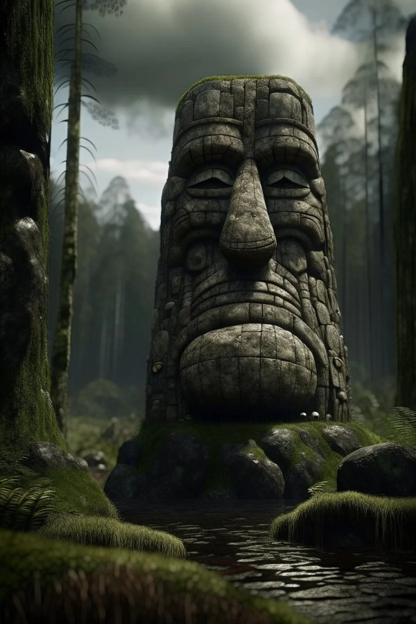 portrait in weird angle of huge crying rock giant in front of rock column in front of rock rocket on bumpy road in moist swamp planet , photo-realistic, shot on Hasselblad h6d-400c, zeiss prime lens, bokeh like f/0.8, tilt-shift lens 8k, high detail, smooth render, down-light, unreal eng