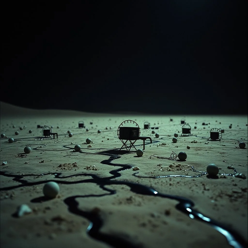 Photograph, odd objects scattered over an arid surface, night, nothingness, spooky, close-up, in Yves Tanguy style, nightmare, highly hypermaximalist, details of the terrain very accentuated, 8k, deep 3d field, sharp, eerily mysterious, artistic photo, large format film, shot on Hasselblad, 33mm photography, mysterious, macabre, streams of black liquid