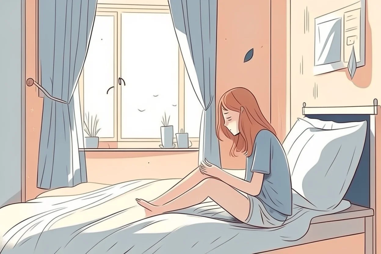 Ilustrasi Seorang gadis duduk di atas tempat tidur kamarnya di sore hari dengan napas terengah engah