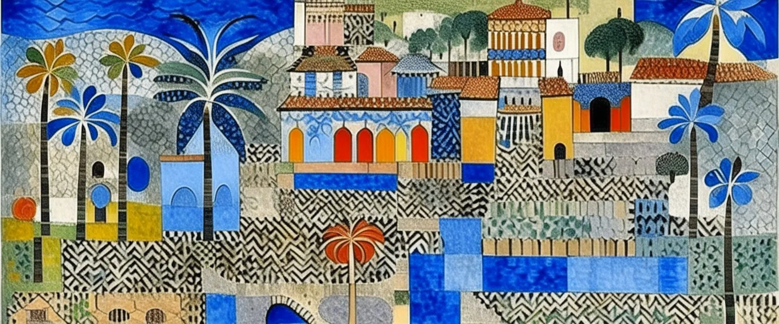 A blue resort on a splashing island designed in ancient Roman mosaics painted by Paul Klee