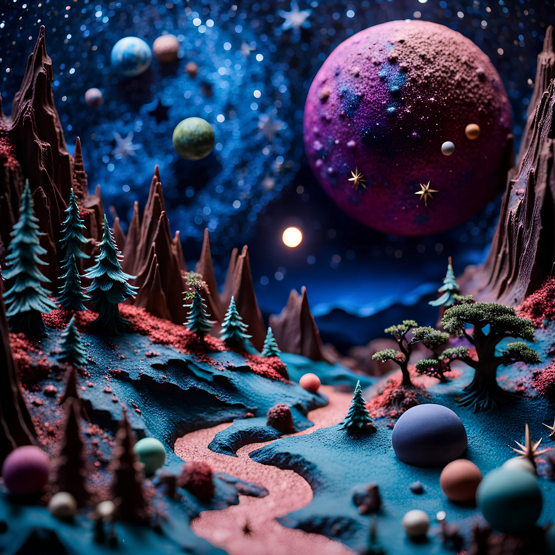 Detailed creepy landscape made of modeling clay, stars and planets, Roger Dean, Tim Burton, strong texture, Ernst Haekel, extreme detail, Max Ernst, decal, rich moody colors, sparkles, bokeh, odd