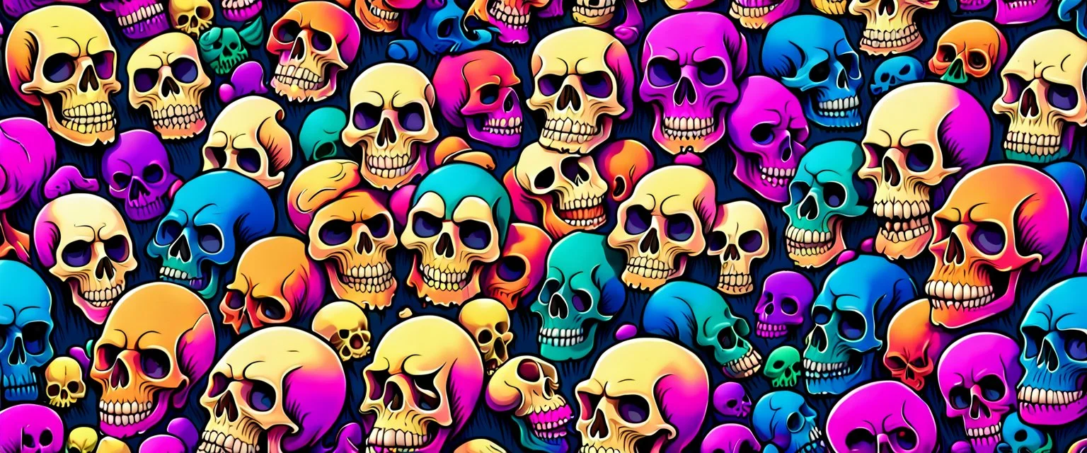 a field of 1000s of cartoonish, anatomically correct, skulls, vivid RANDOM BRIGHT neon colors, dark comedy, well lit, high detail, photorealistic, horrorcore, fun, scary, dead, 100% detail on all drawn, nothing partial or filler, by disney