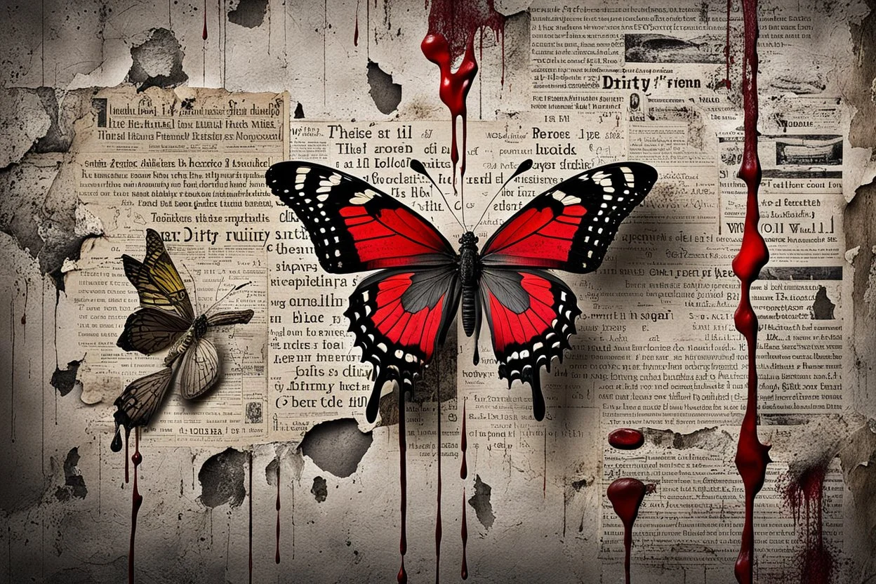 a black velvet butterfly is pinned to an old, dirty wall with a large shiny nail, red blood flows from the butterfly's wings and body, next to it on the wall are old, yellowed, cut-out newspaper articles about missing children, dirty fingerprints and drops of blood on the cracked, old gray-white wall , intricate details, sharp focus, cinematic, surreal, hauntingly beautiful, perfect composition