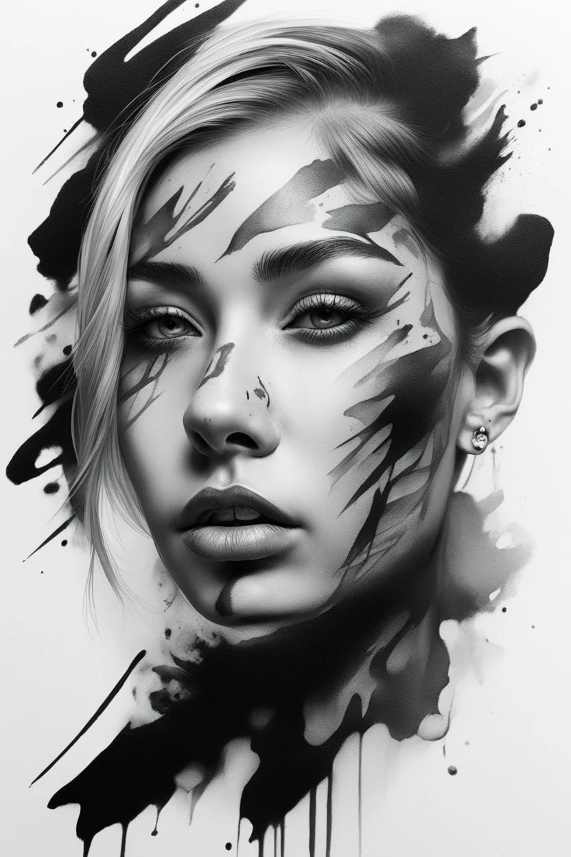 A realistic drawing in negative space black ink on white background of a beautiful girl with abstract brushstrokes face tattoos to enhance her face max enrist