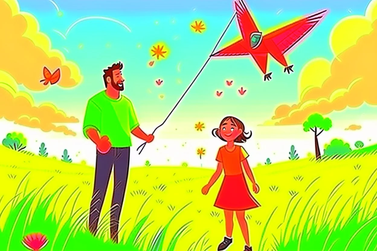 a father, a girl and a boy with a kite flying in the sky on the green field with flowers in sunshine