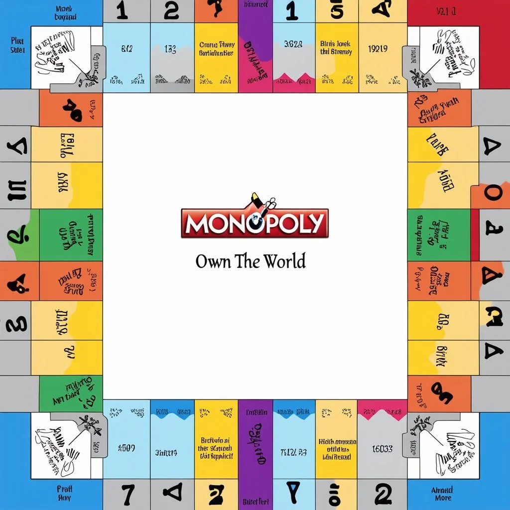 create a custom monopoly style board GAME with: 1 row of EQUAL SIDES 12 SQUARE EACH SIDE WITH A BIG SQUARE IN THE MIDDLE. MAKE THE WRITING IN THE MIDDLE SAY OWN THE WORLD ,