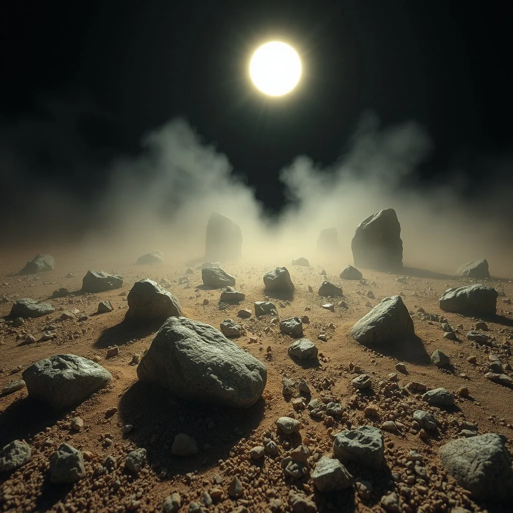 A striking quality close-up photograph captures a wasteland with odd stones, spooky, creepy, details of the dust very accentuated, glossy, early life forms, organic, adorned with minerals and rocks, fog. Bathed in intense light, eerie, Max Ernst style, black sun, fog, volumetric light